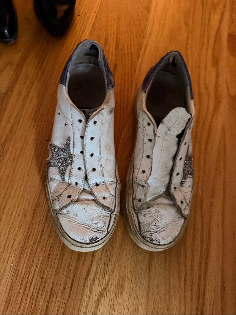 Golden Goose White Leather Sneakers with Silver Glitter Star